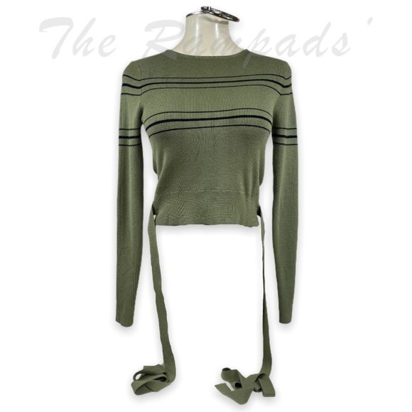 Zara Knit Olive Green with Black Wrap Tie Waist Top Size Small - Picture 3 of 10